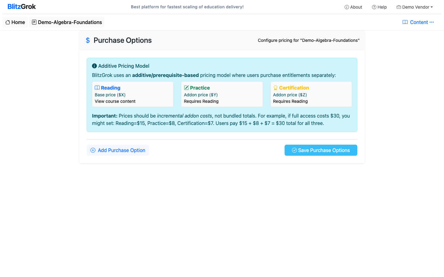 Purchase options page